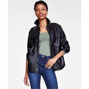 Crave Fame Juniors' Faux-Leather Button-Front Shacket Black Size XS